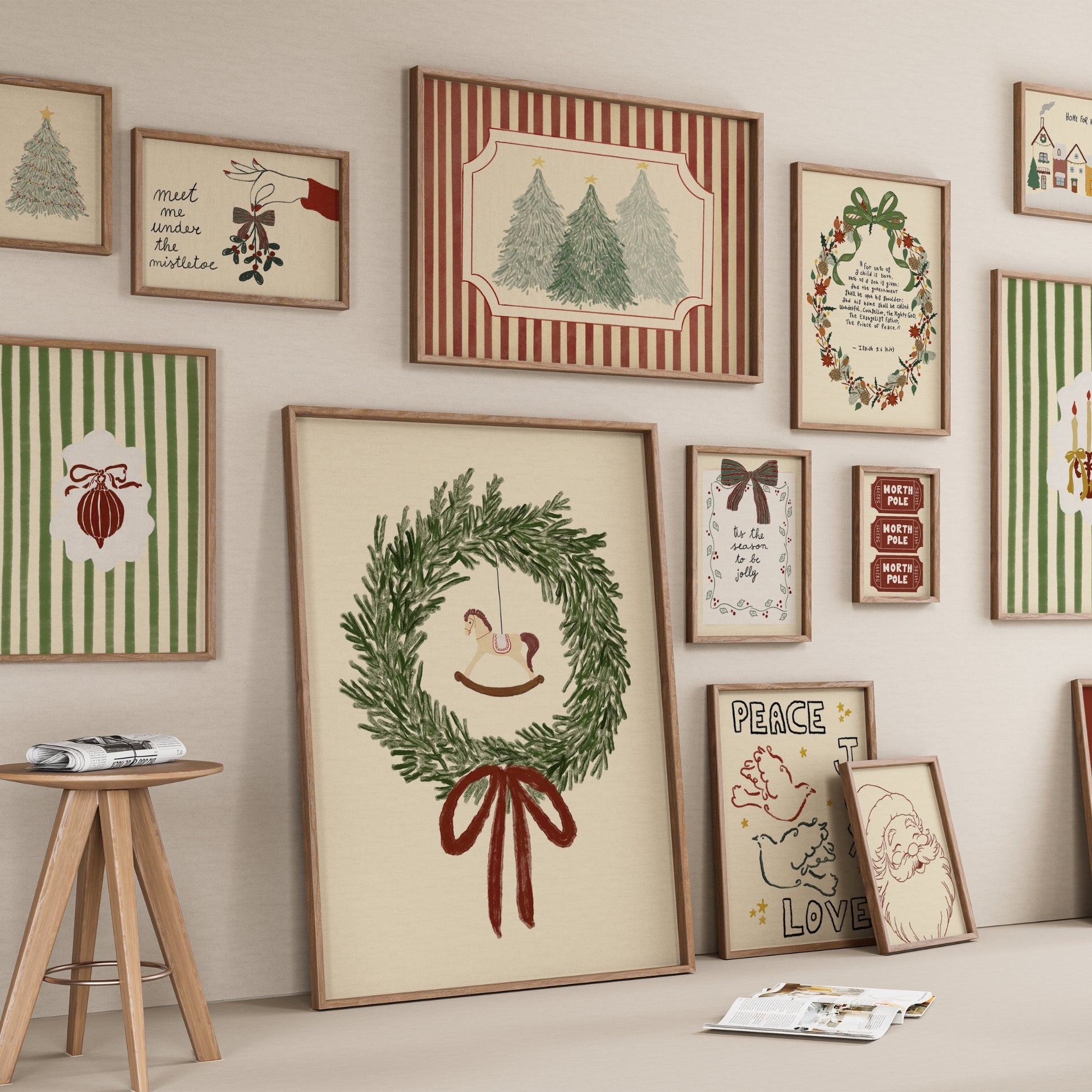 Hand-Drawn Vintage Holiday Set of 17 Prints