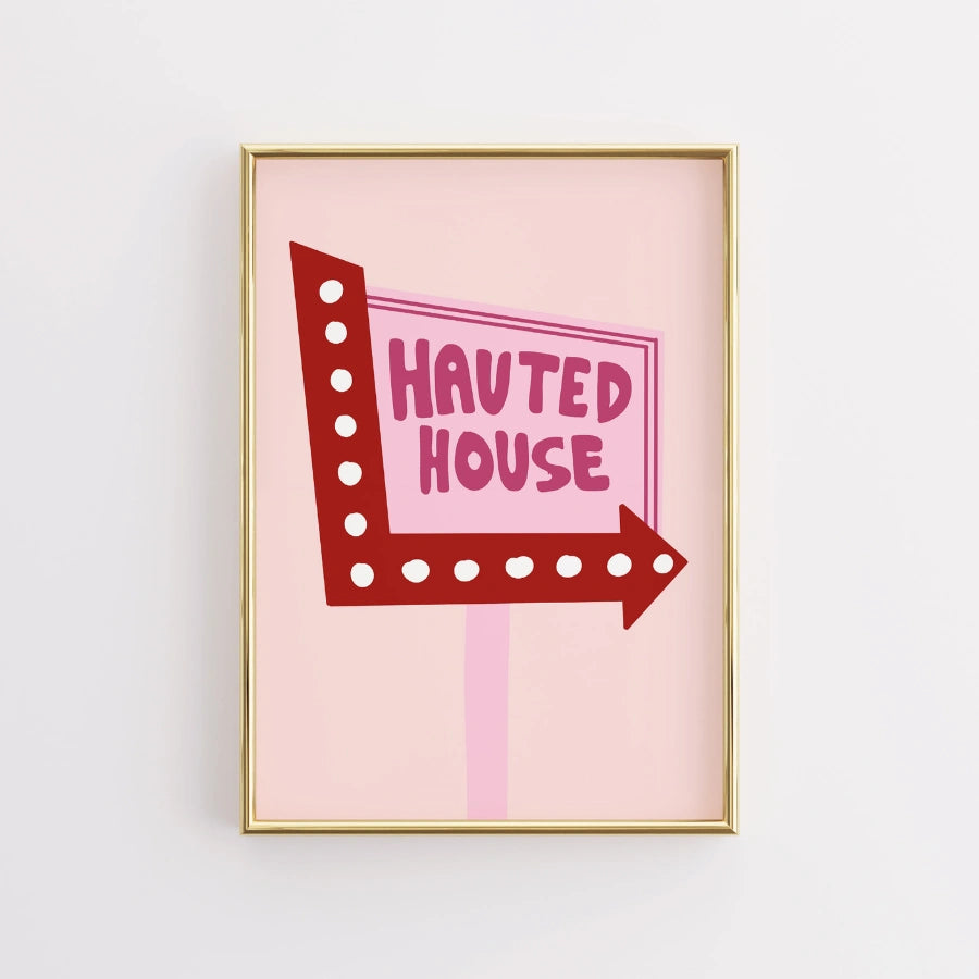 Retro Haunted House Sign – Pink Halloween Wall Art