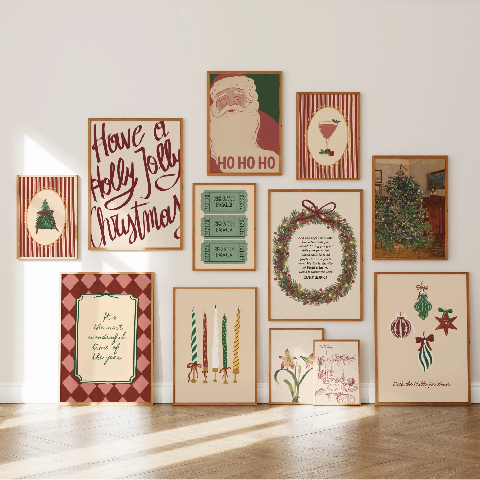 Hand-Drawn Vintage Holiday Set of 16 Prints