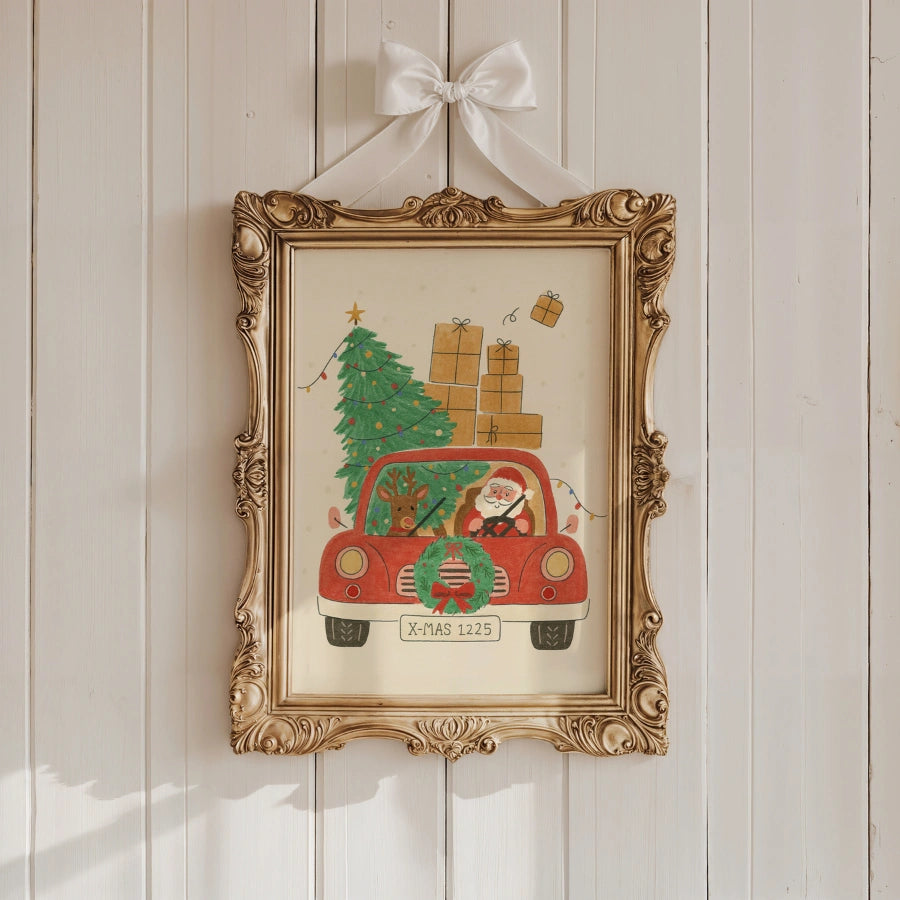 Santa Driving Wall Art – Christmas Car with Tree and Gifts Print