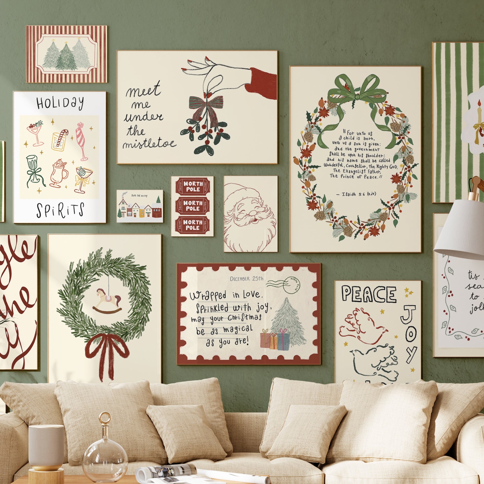 Hand-Drawn Vintage Holiday Set of 17 Prints