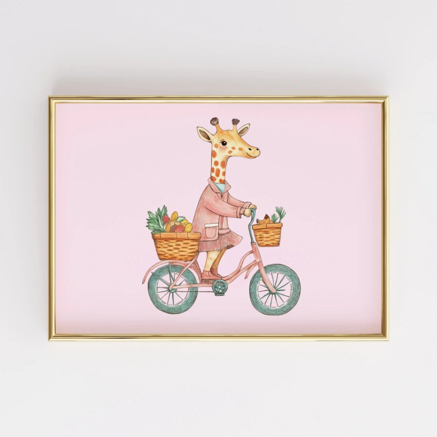 Giraffe on Bike Nursery Print – Cute Wall Art for Girls