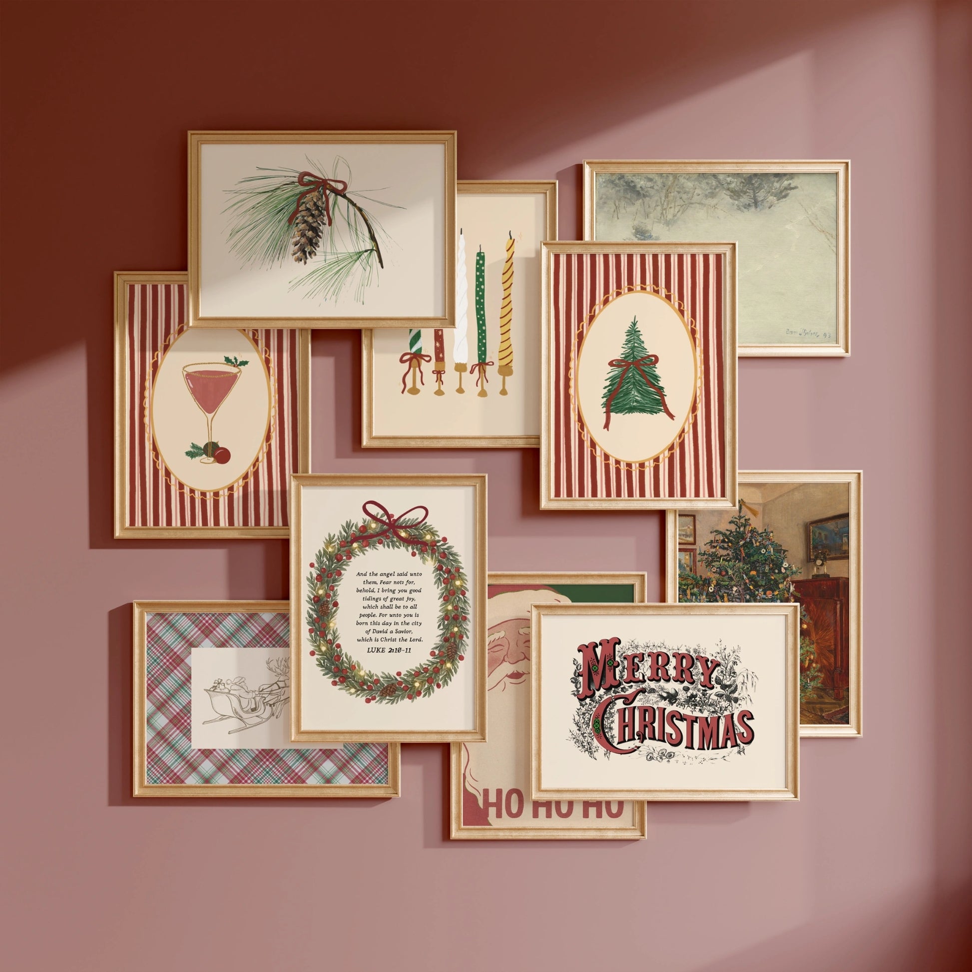 Hand-Drawn Vintage Holiday Set of 16 Prints