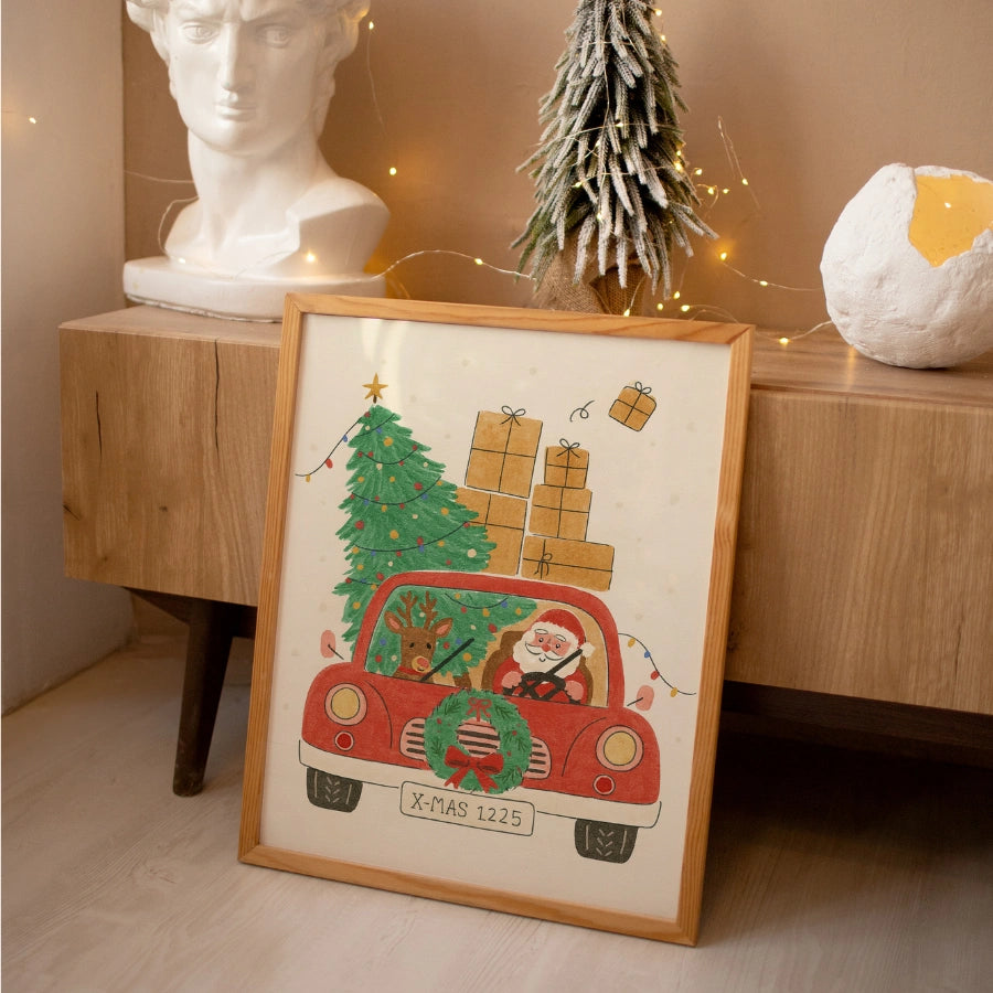 Santa Driving Wall Art – Christmas Car with Tree and Gifts Print