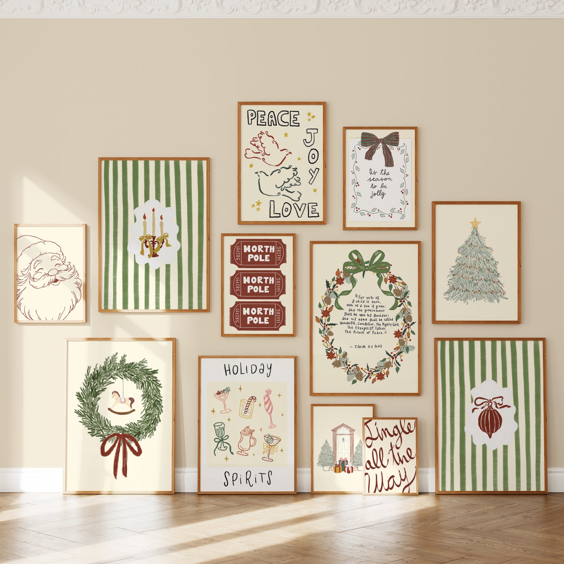 Hand-Drawn Vintage Holiday Set of 17 Prints