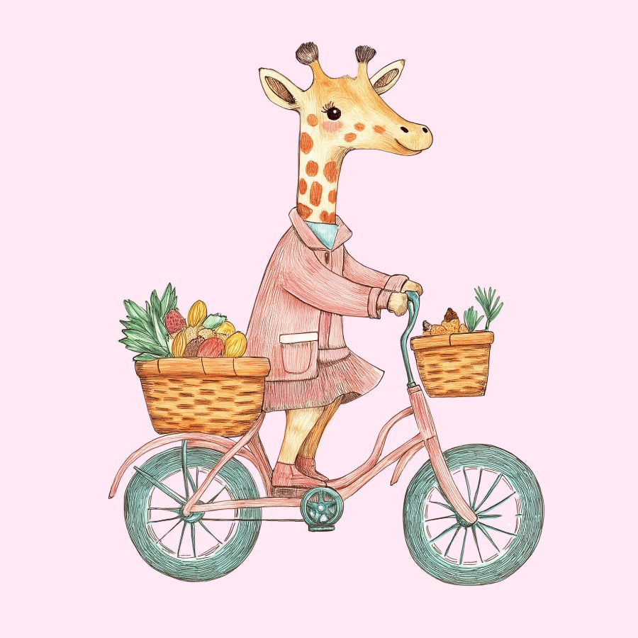 Giraffe on Bike Nursery Print – Cute Wall Art for Girls