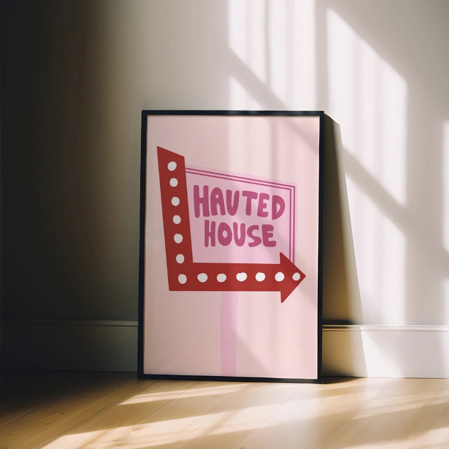 Retro Haunted House Sign – Pink Halloween Wall Art