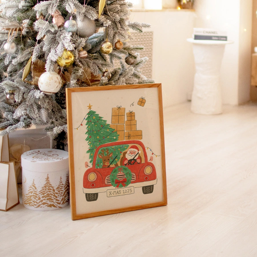 Santa Driving Wall Art – Christmas Car with Tree and Gifts Print