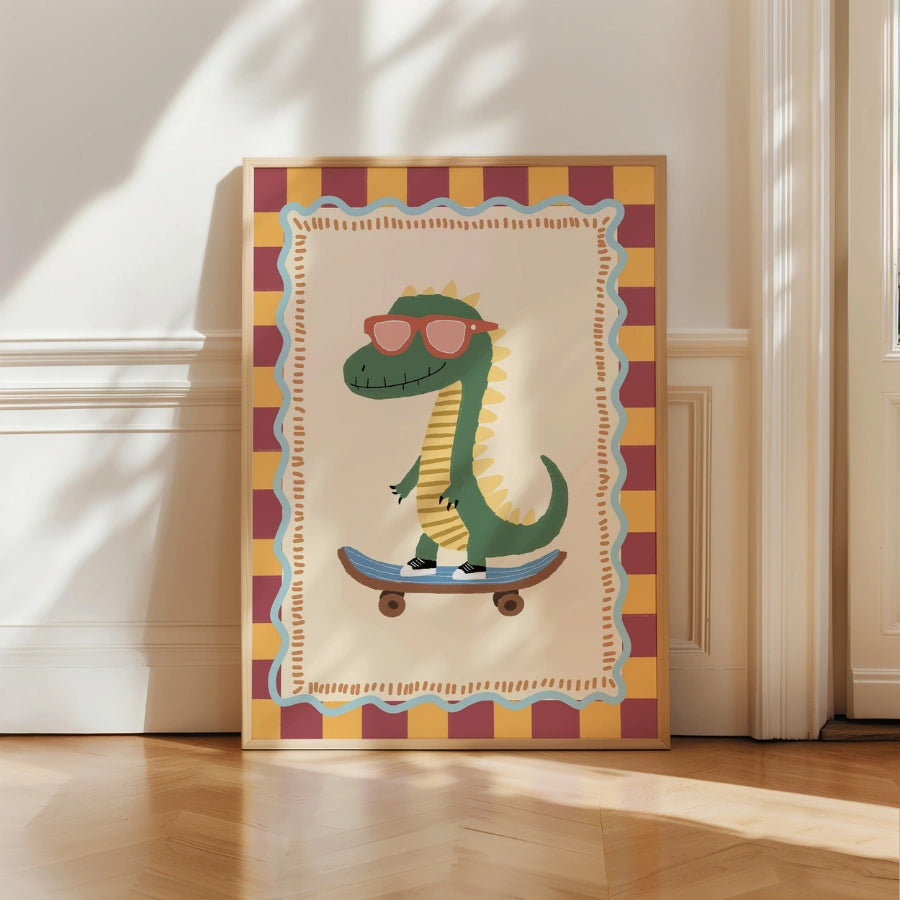 Dinosaur Nursery Print, Cool Skater Dino Wall Art