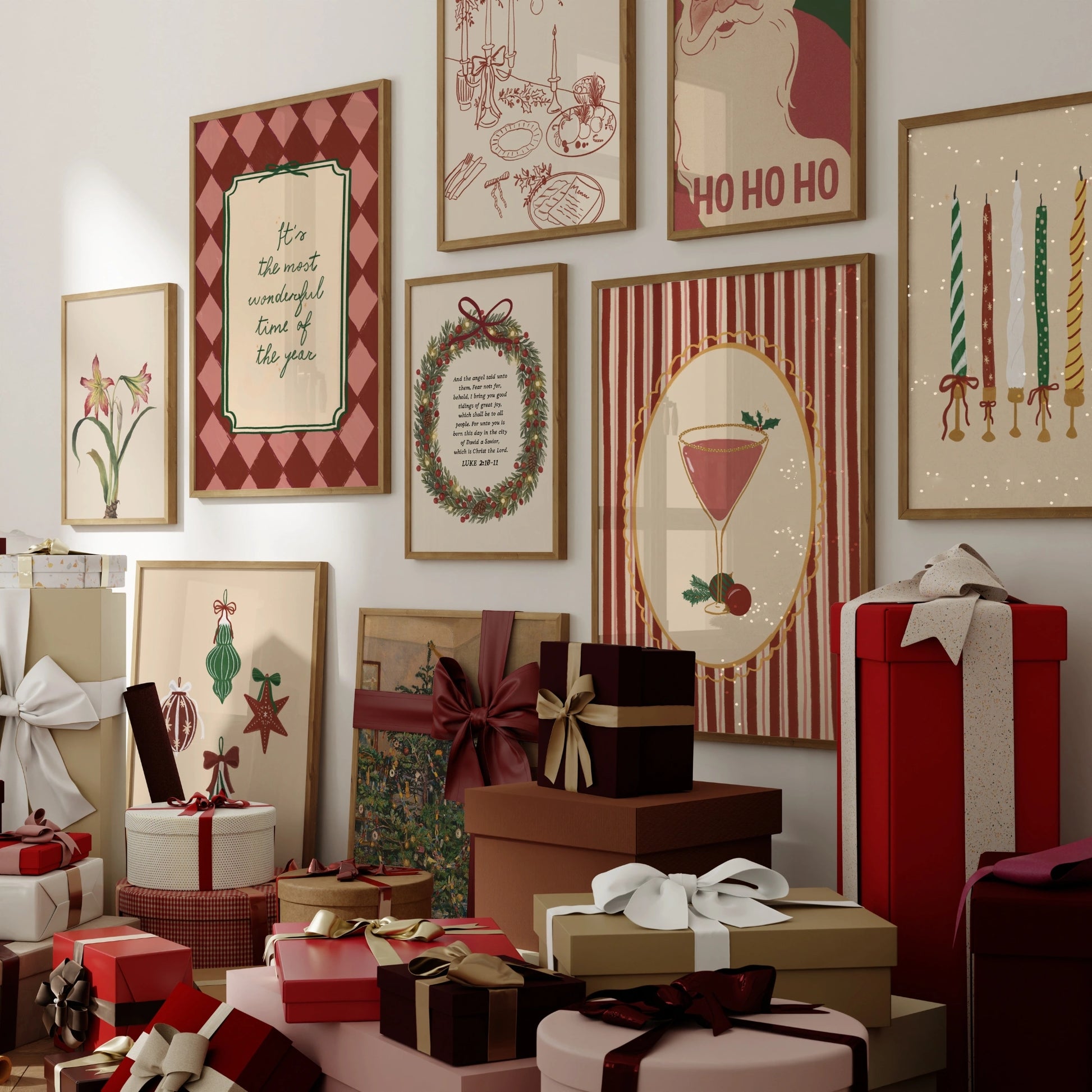 Hand-Drawn Vintage Holiday Set of 16 Prints