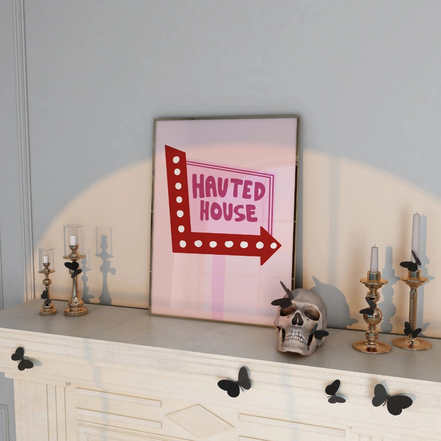 Retro Haunted House Sign – Pink Halloween Wall Art