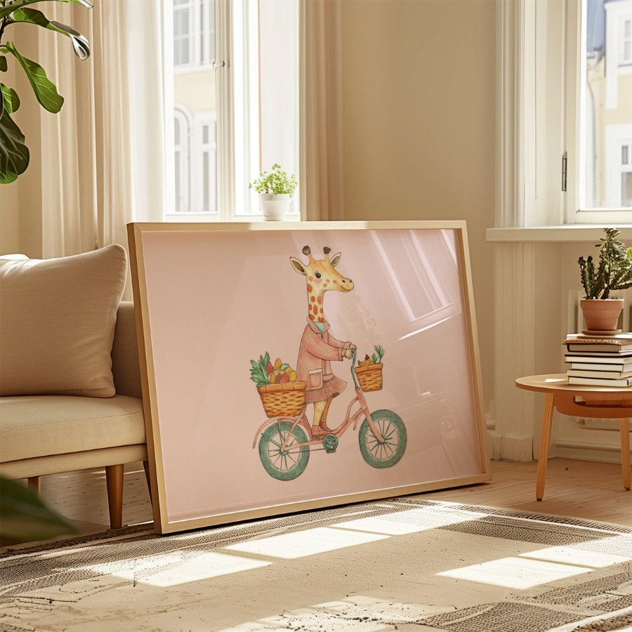 Giraffe on Bike Nursery Print – Cute Wall Art for Girls