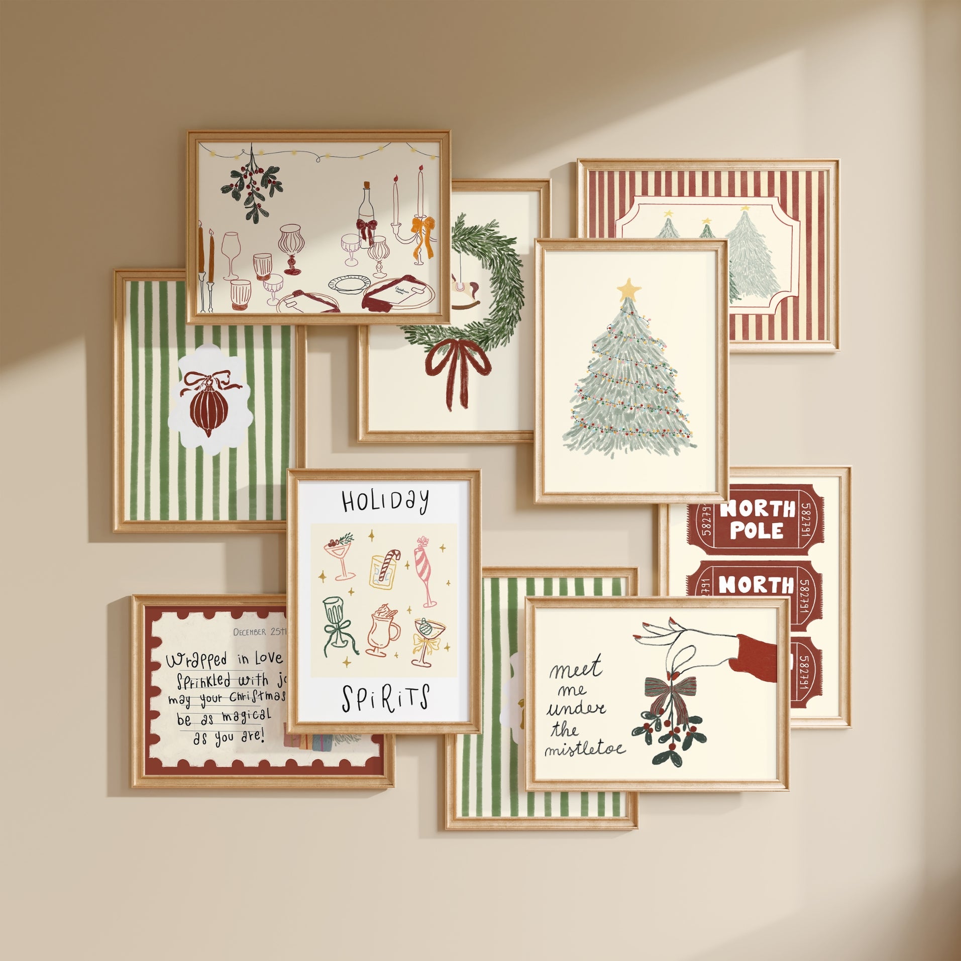 Hand-Drawn Vintage Holiday Set of 17 Prints