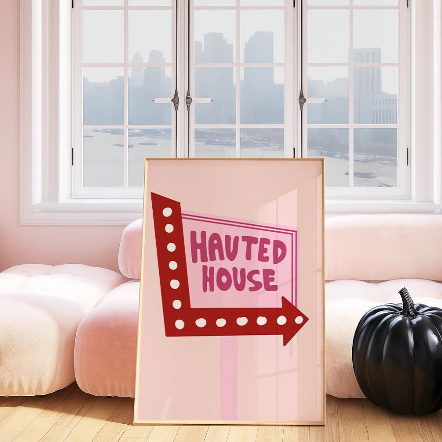 Retro Haunted House Sign – Pink Halloween Wall Art