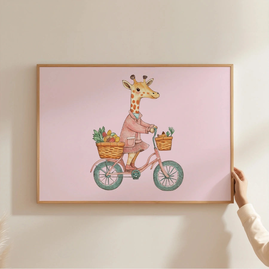 Giraffe on Bike Nursery Print – Cute Wall Art for Girls