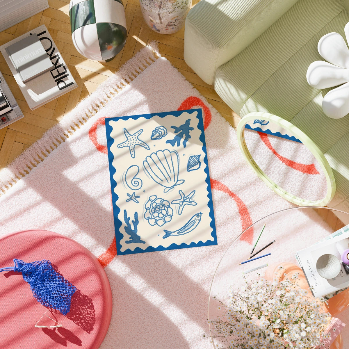 Ocean Shells and Sea Life Wall Art – Coastal Blue Sea