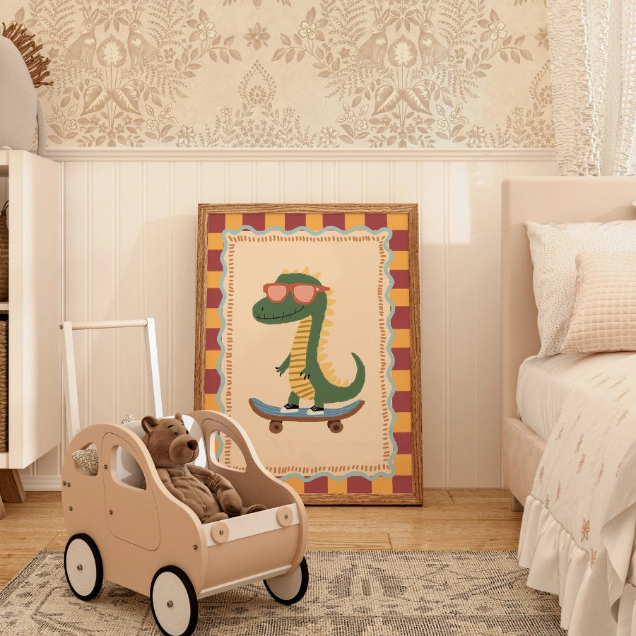 Dinosaur Nursery Print, Cool Skater Dino Wall Art
