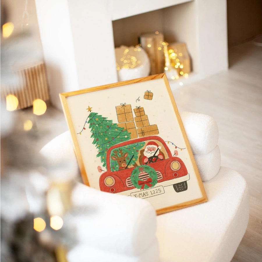 Santa Driving Wall Art – Christmas Car with Tree and Gifts Print