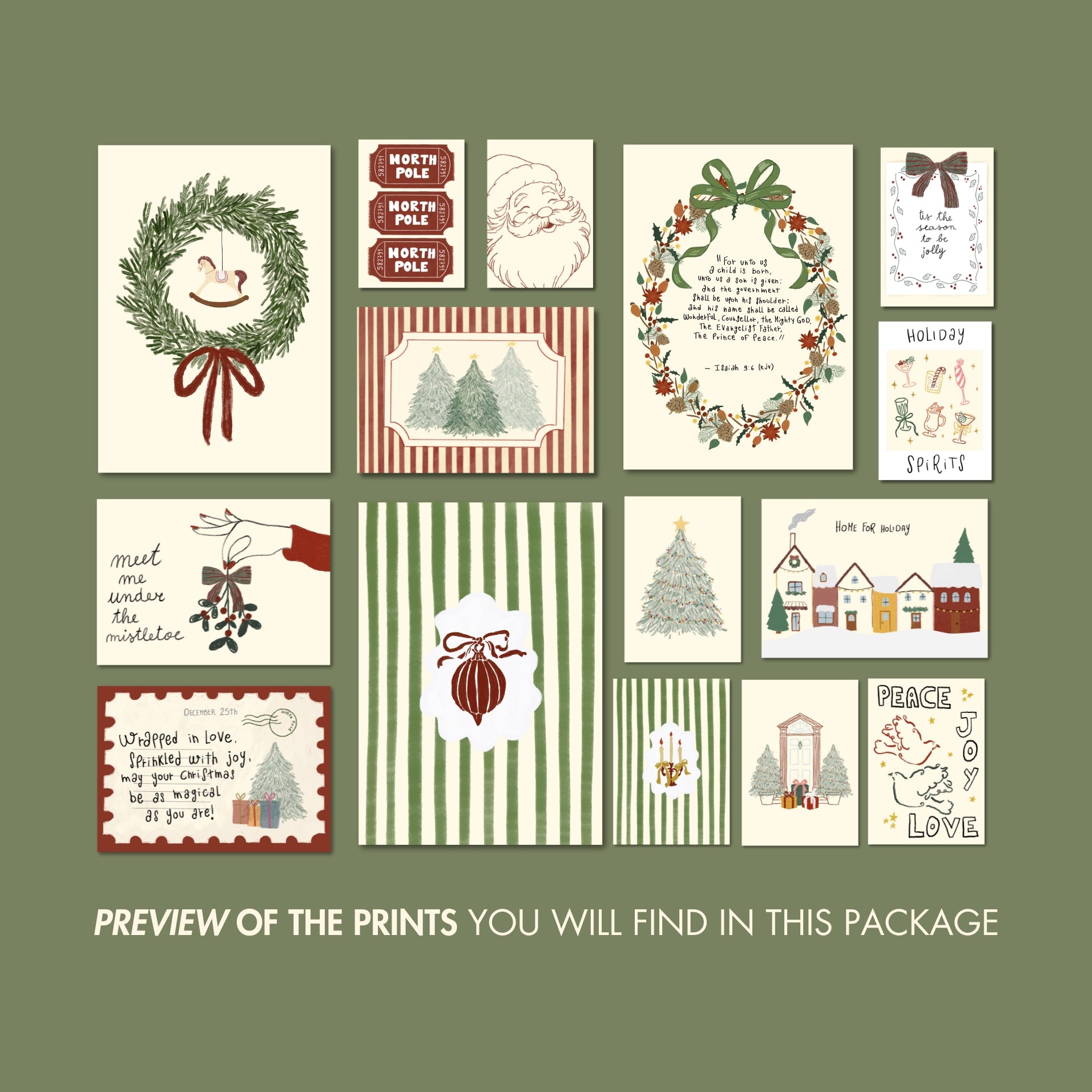Hand-Drawn Vintage Holiday Set of 17 Prints