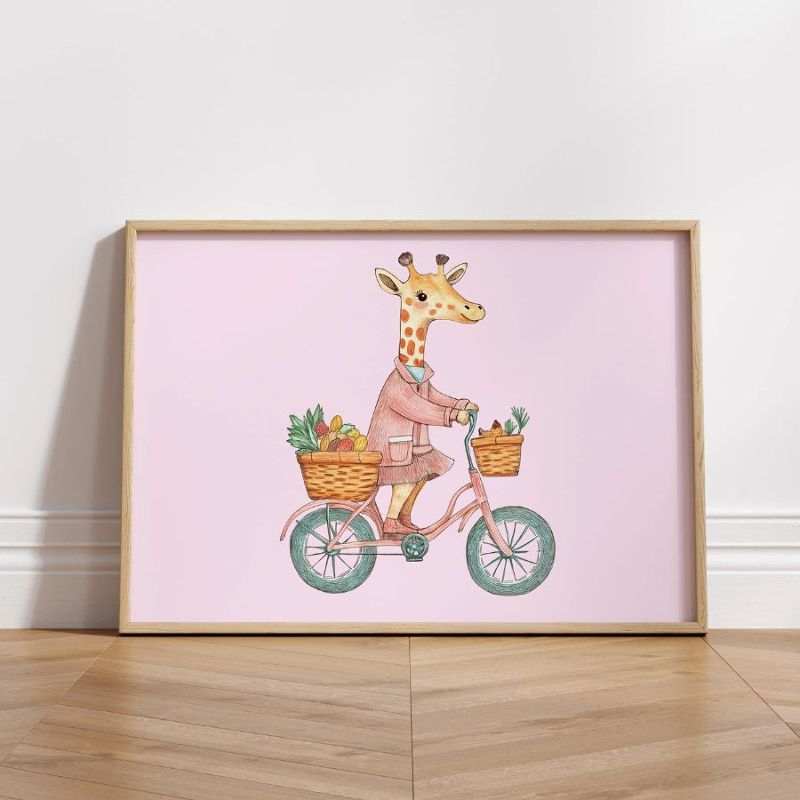 Giraffe on Bike Nursery Print – Cute Wall Art for Girls