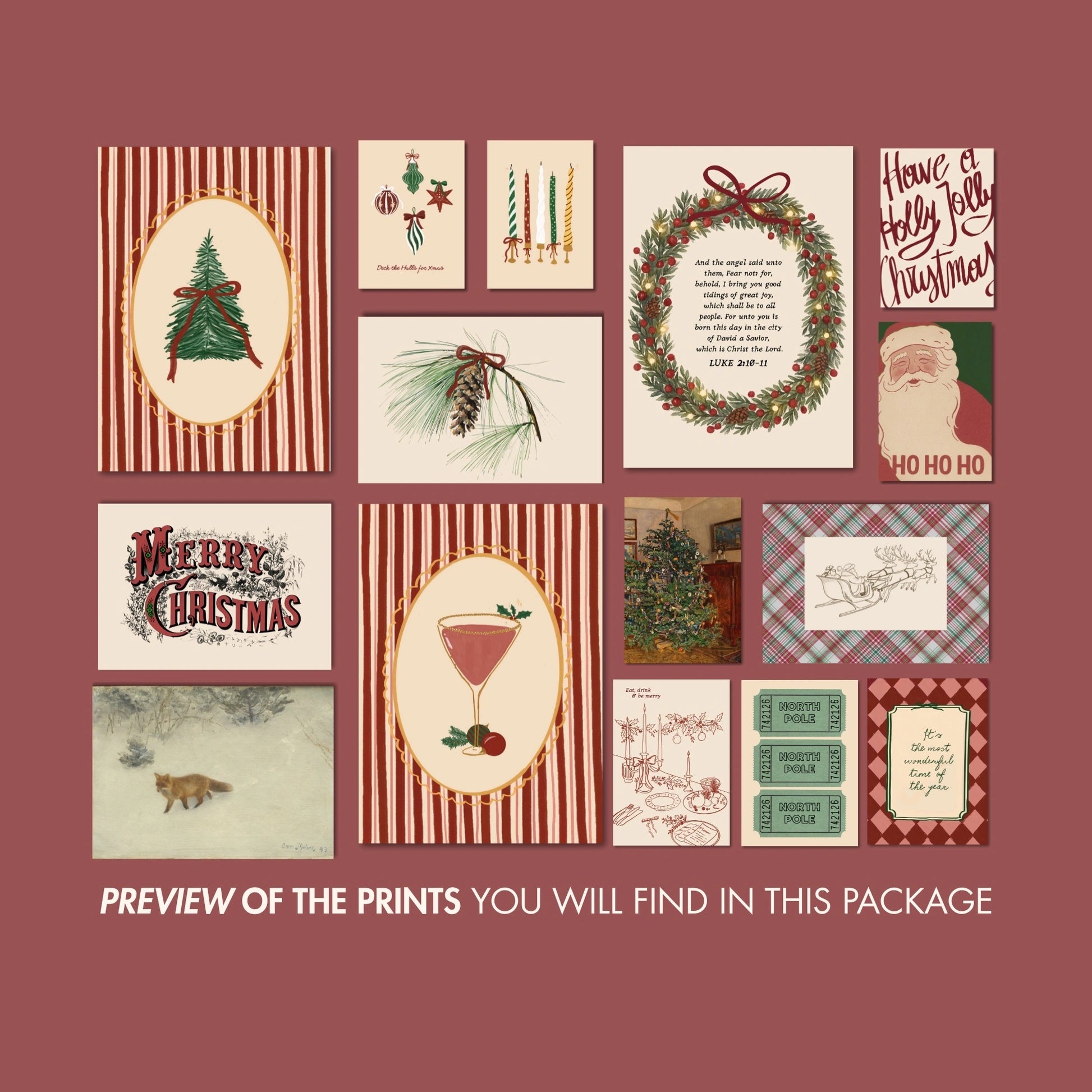 Hand-Drawn Vintage Holiday Set of 16 Prints