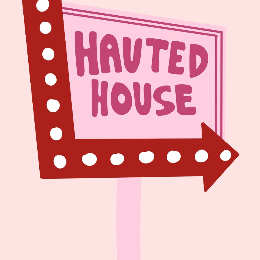 Retro Haunted House Sign – Pink Halloween Wall Art