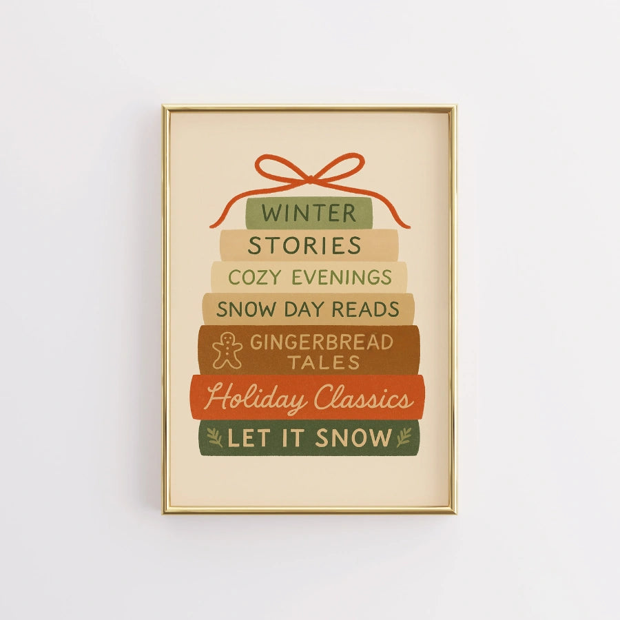 Holiday Book Stack Wall Art – Cozy Winter Reads Print