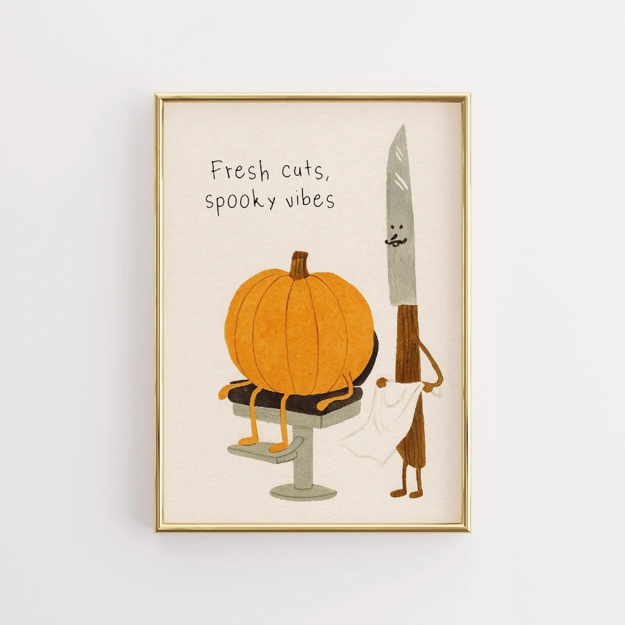 Pumpkin Haircut Halloween Print – Funny Knife and Pumpkin Wall Art
