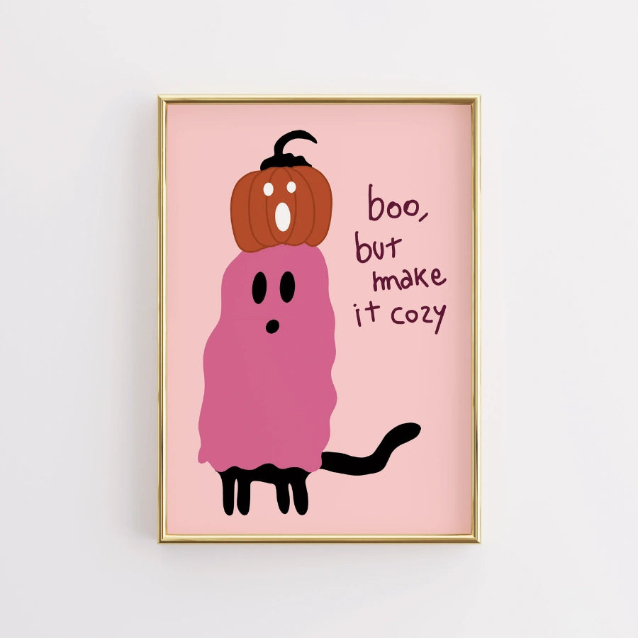 Cozy Ghost Halloween Print – Pink Wall Art