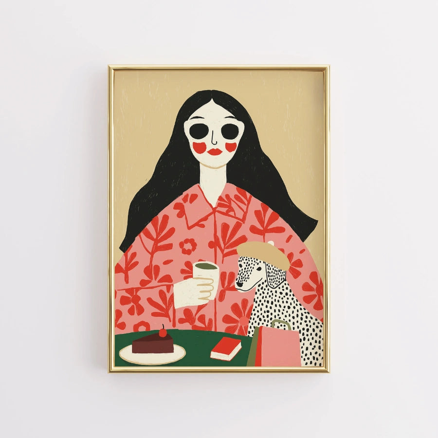 Coffee Date Boho Wall Art – Scena stravagante con donna e cane 