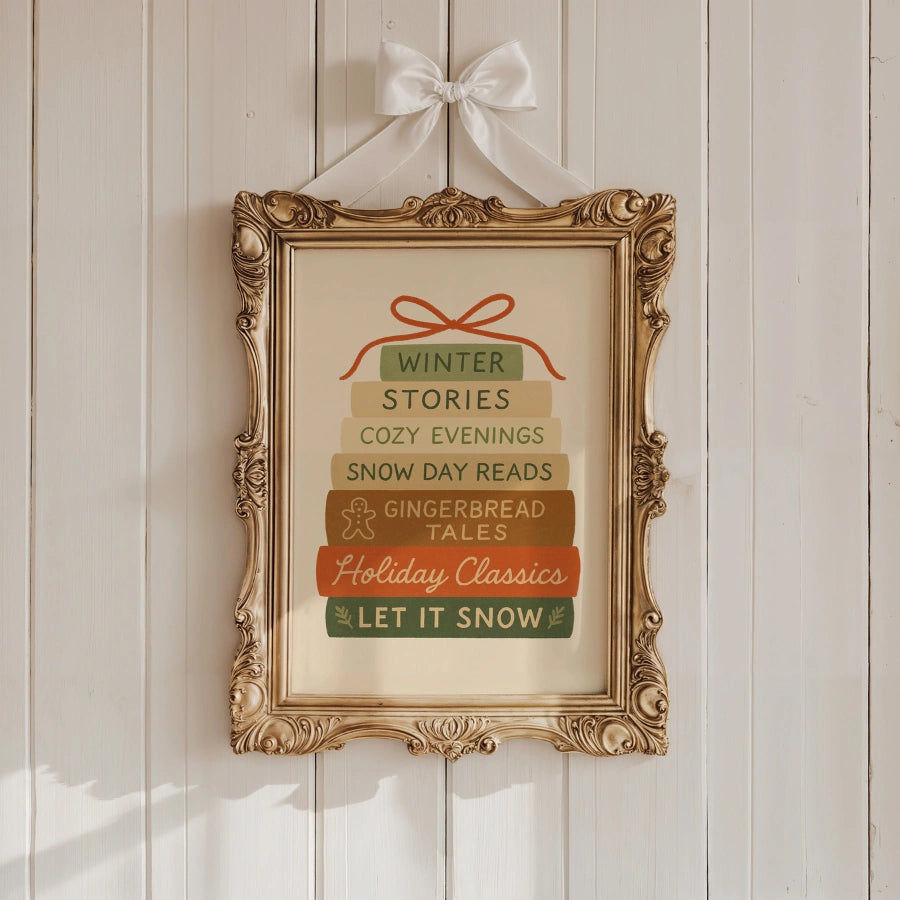 Holiday Book Stack Wall Art – Cozy Winter Reads Print