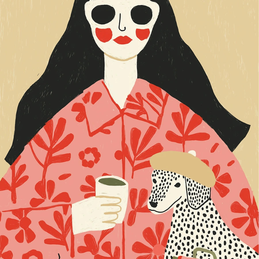 Coffee Date Boho Wall Art – Scena stravagante con donna e cane 