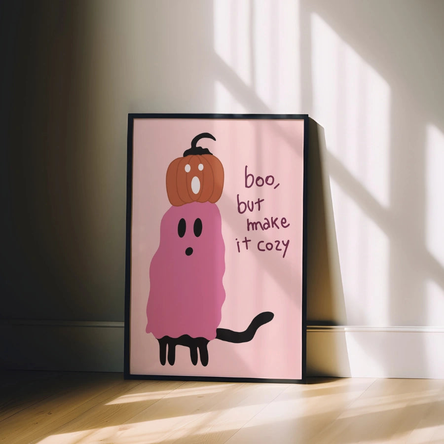 Cozy Ghost Halloween Print – Pink Wall Art