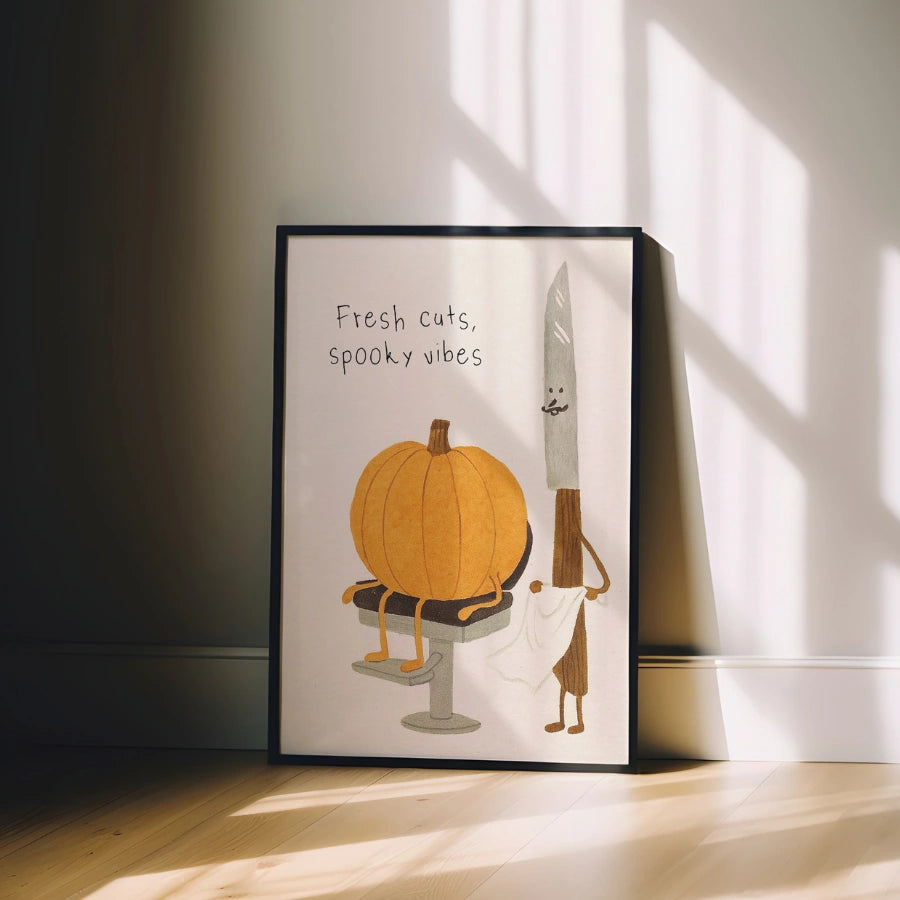 Pumpkin Haircut Halloween Print – Funny Knife and Pumpkin Wall Art