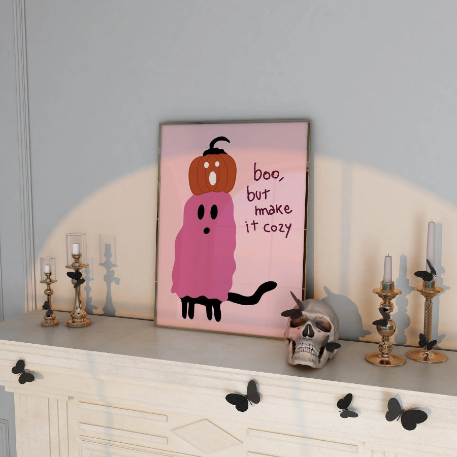 Cozy Ghost Halloween Print – Pink Wall Art