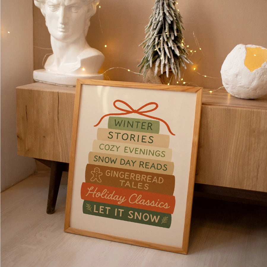 Holiday Book Stack Wall Art – Cozy Winter Reads Print