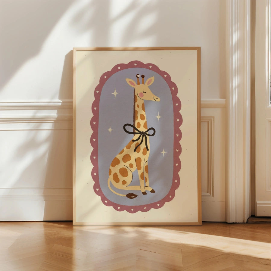 Stampa per cameretta dei bambini con giraffa - Simpatica decorazione murale con animale e fiocco