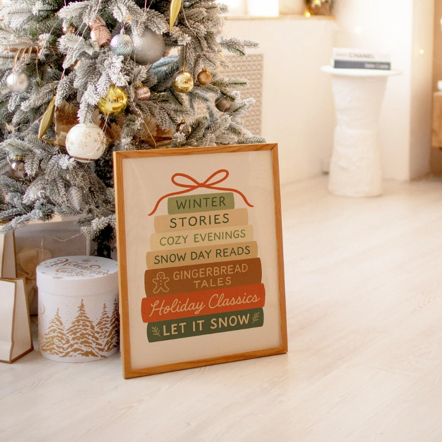 Holiday Book Stack Wall Art – Cozy Winter Reads Print