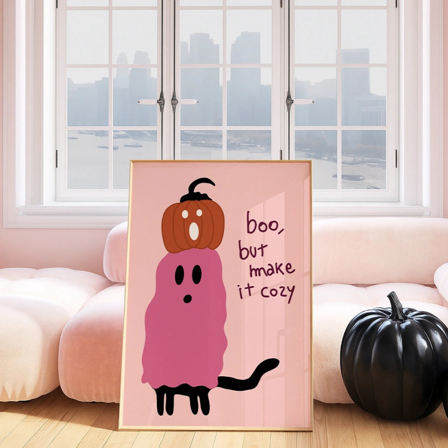 Cozy Ghost Halloween Print – Pink Wall Art