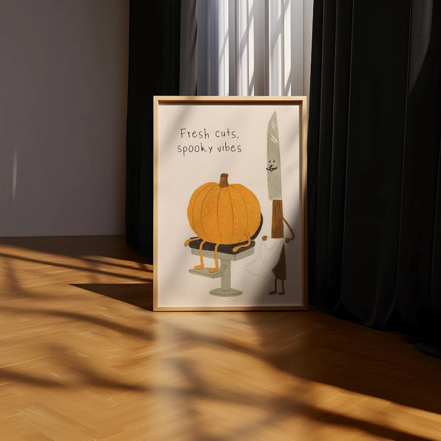 Pumpkin Haircut Halloween Print – Funny Knife and Pumpkin Wall Art