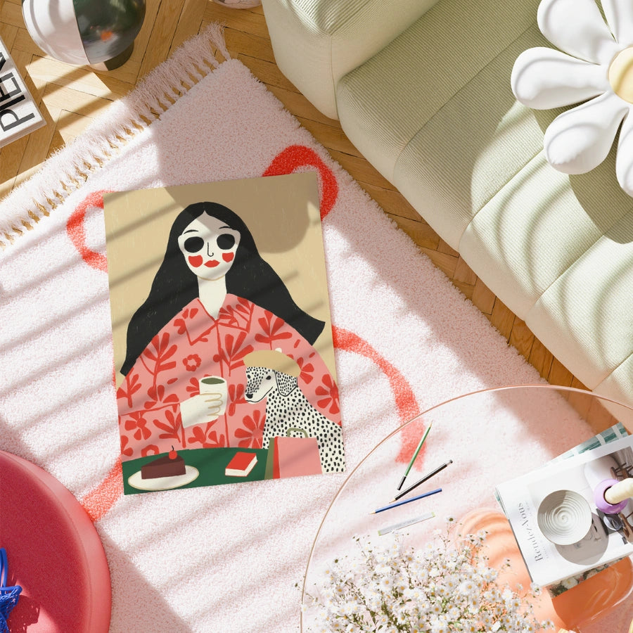 Coffee Date Boho Wall Art – Scena stravagante con donna e cane 