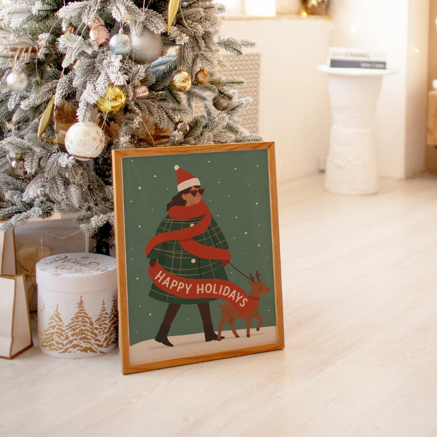 Happy Holidays Wall Art – Trendy Christmas Woman Print
