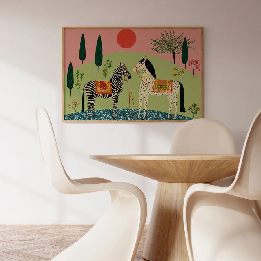 Boho-Wandbild mit Zebra und Pferd – Farbenfroher Tierdruck im Bohème-Stil 
