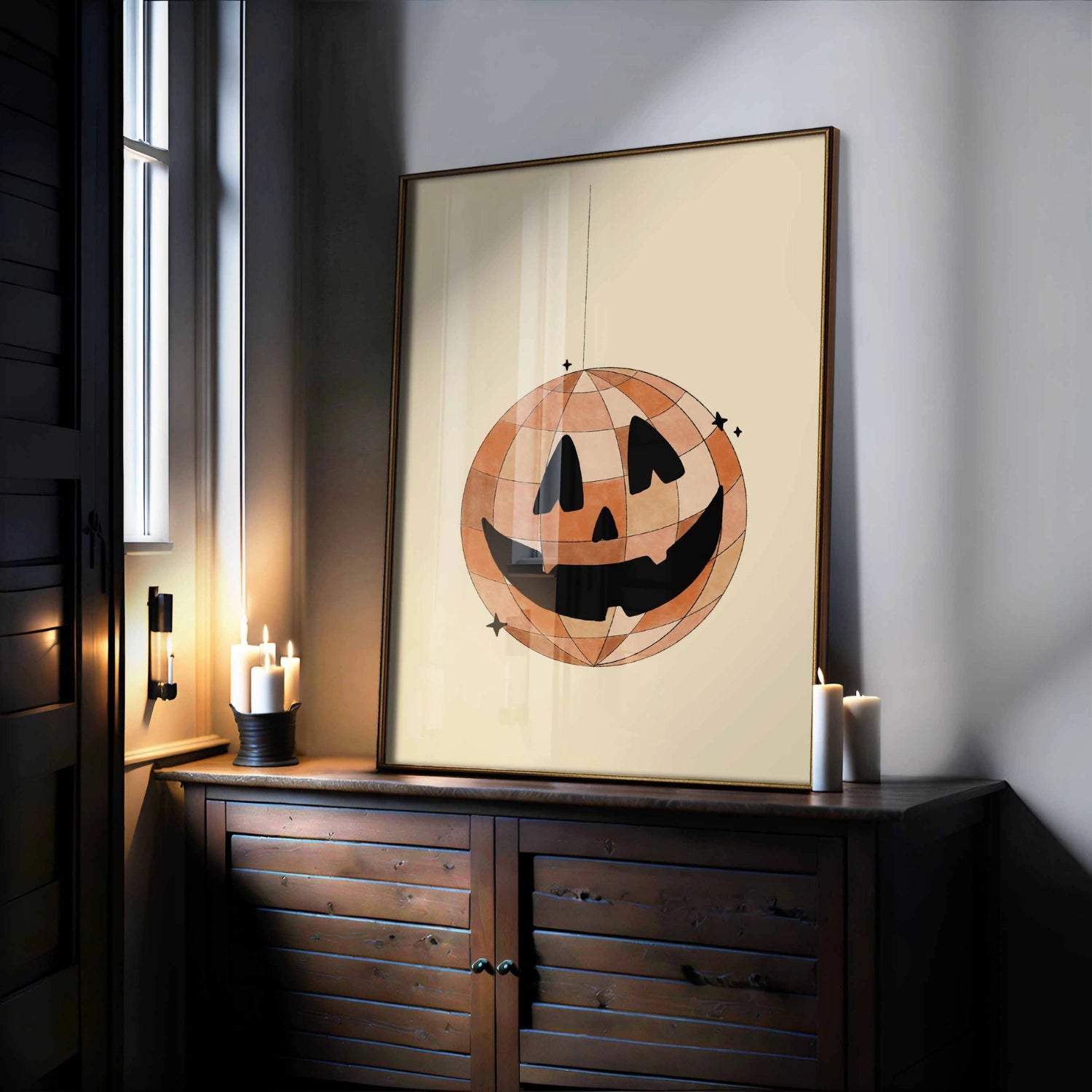 Kürbis-Diskokugel-Kunstdruck – Halloween-Wandkunst