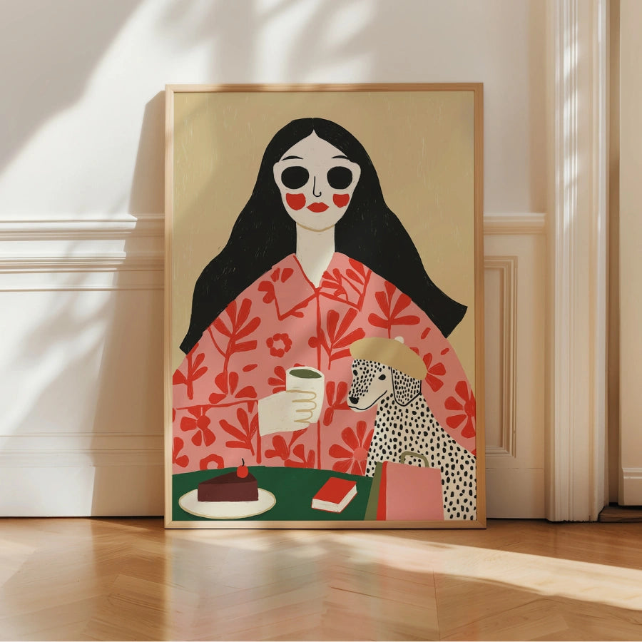 Coffee Date Boho Wall Art – Scena stravagante con donna e cane 