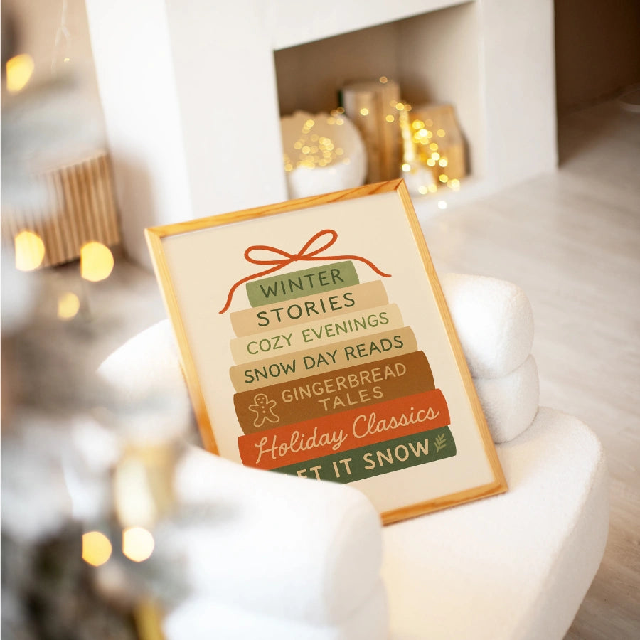 Holiday Book Stack Wall Art – Cozy Winter Reads Print