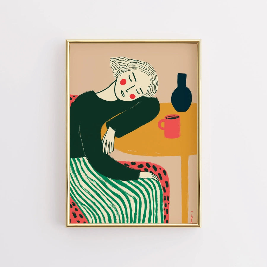 Donna a riposo Boho Wall Art – Ritratto pacifico con linee audaci 