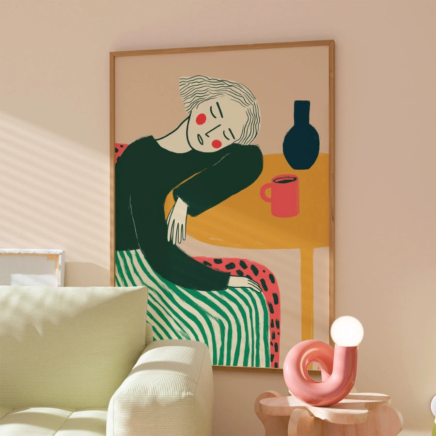 Donna a riposo Boho Wall Art – Ritratto pacifico con linee audaci 