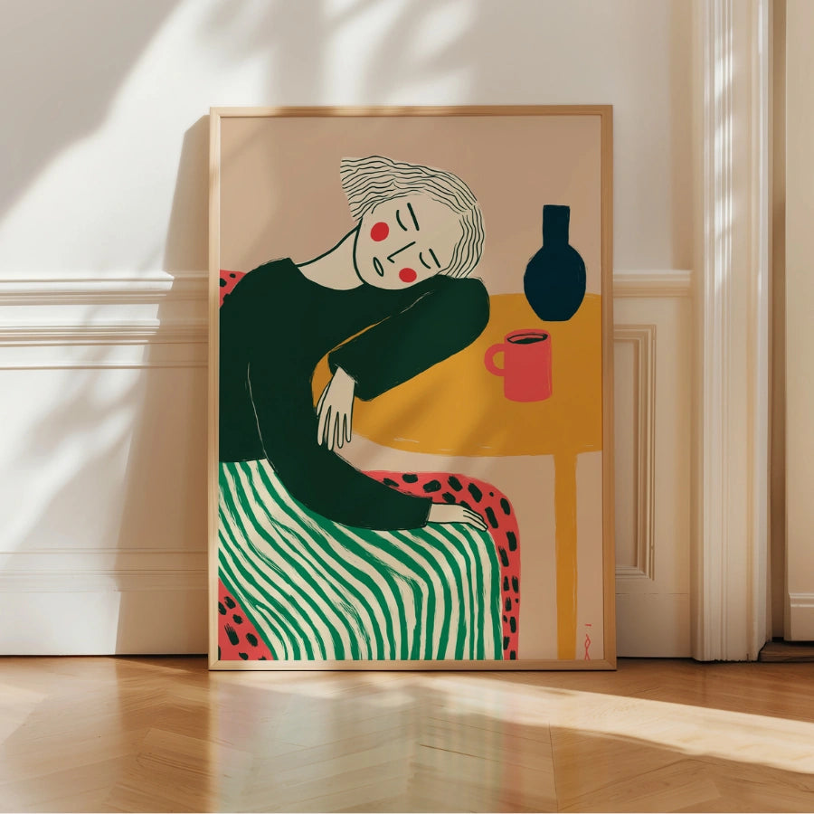 Donna a riposo Boho Wall Art – Ritratto pacifico con linee audaci 