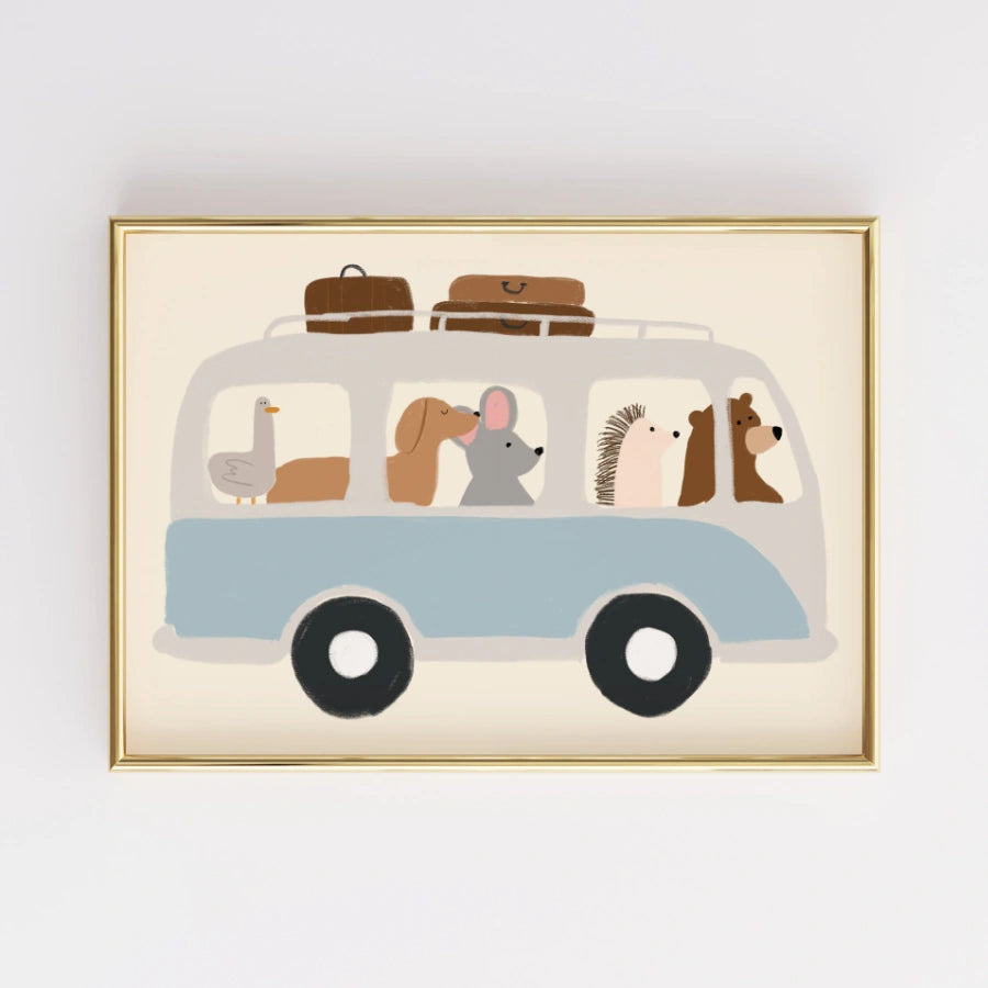 Animal Bus Nursery Print – Cute Vehicle Wall Art for Boys